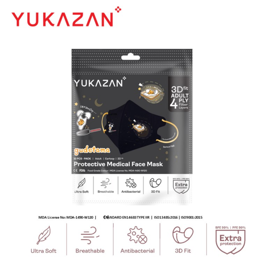 Yukazan 4Ply 3D Fit Adult Protective Medical Face Mask Gudetama Serious Egg (10 Pcs/Pack)