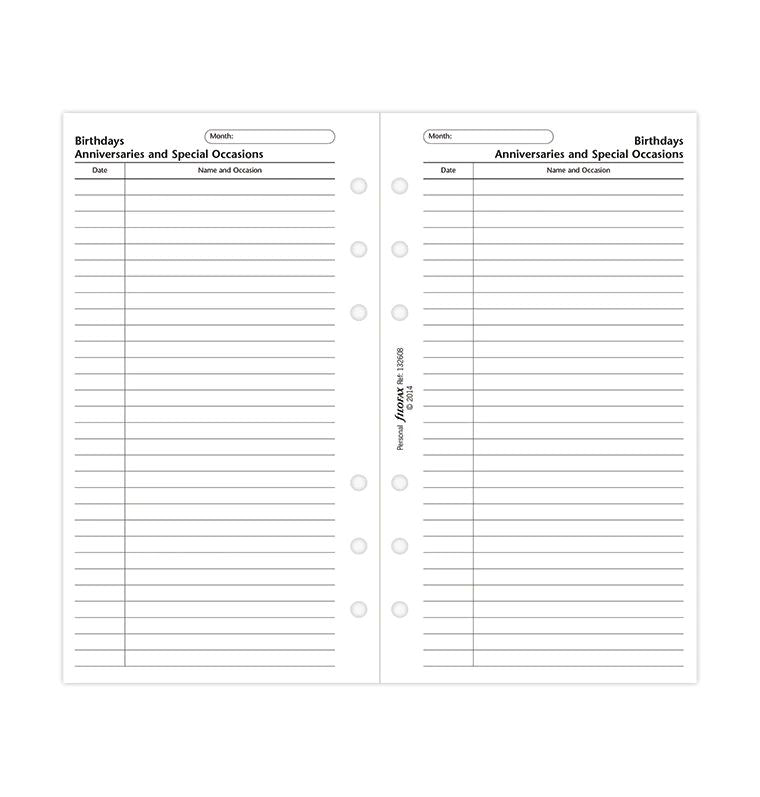 Filofax Personal Birthdays, Anniversaries and Special Occasions Refill