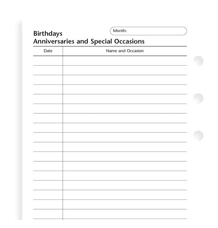 Filofax Personal Birthdays, Anniversaries and Special Occasions Refill