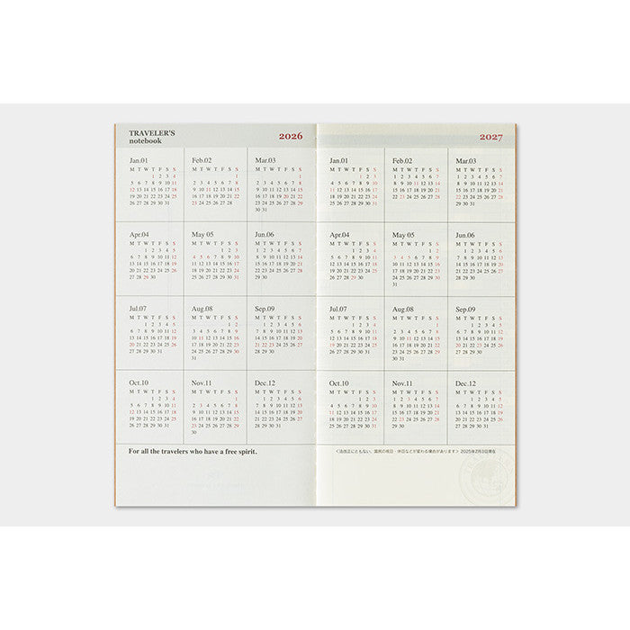 Travelers Notebook 2026 Refill Regular size Monthly