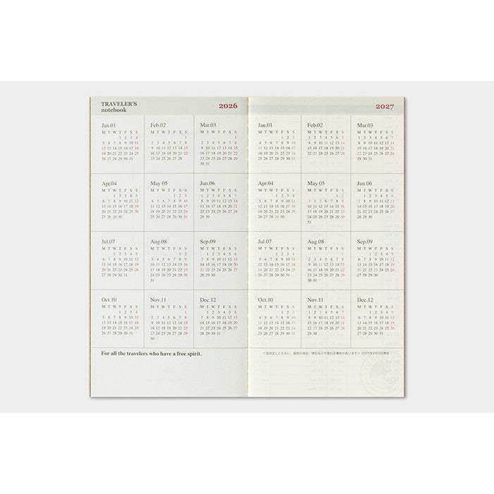 Travelers Notebook  2026 Refill Regular size Weekly Vertical