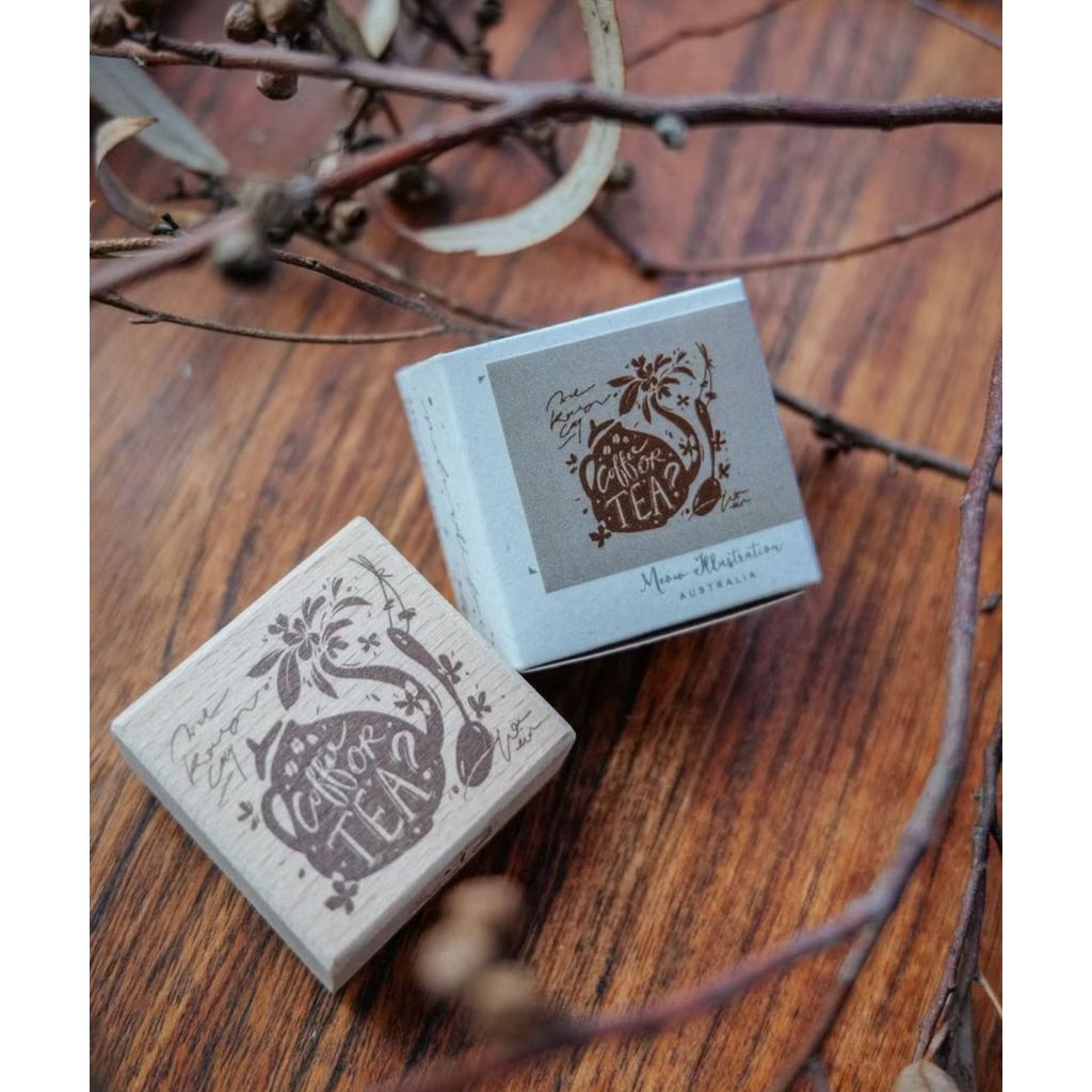 Meow Illustration Wooden Rubber Stamp (Coffe or Tea?)