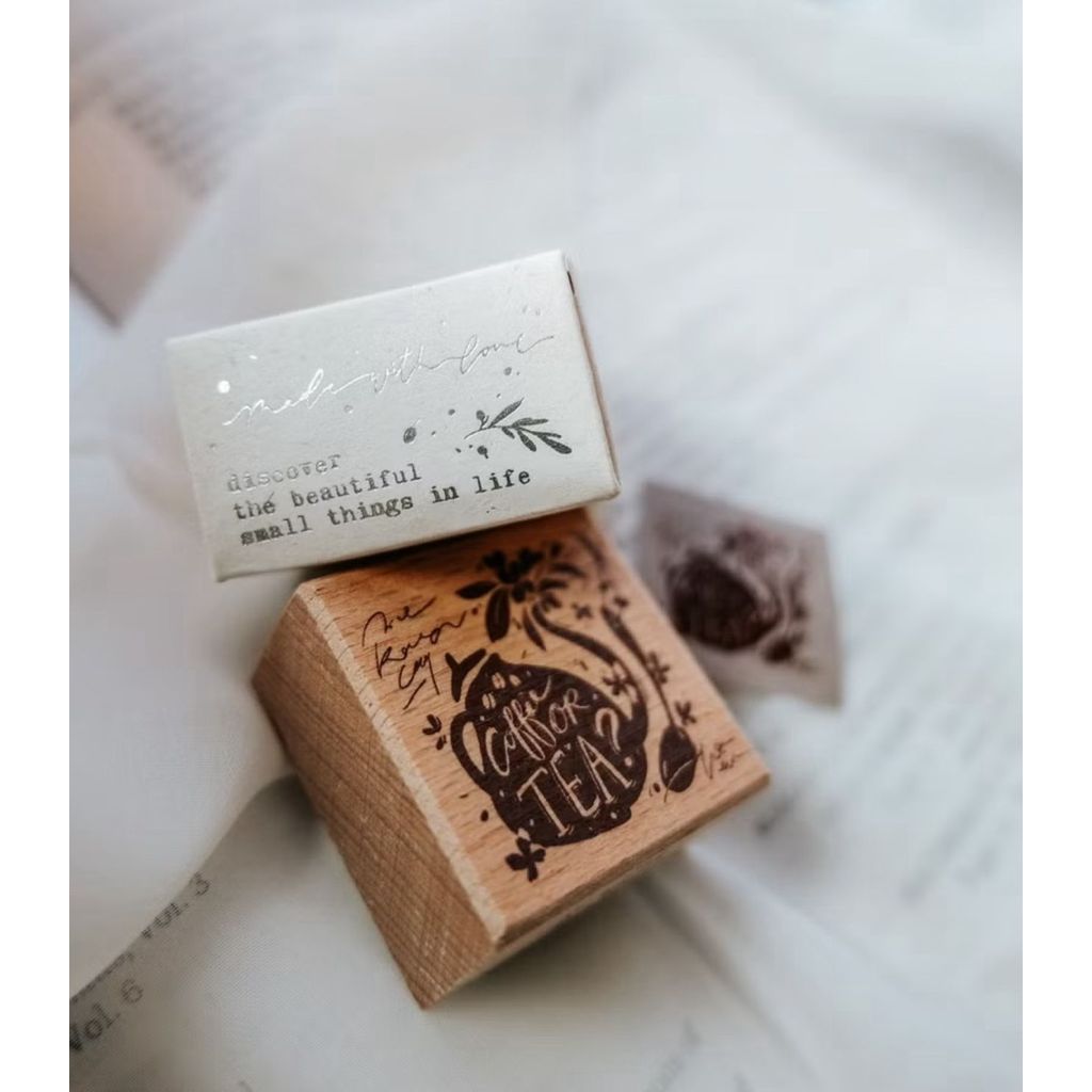 Meow Illustration Wooden Rubber Stamp (Coffe or Tea?)