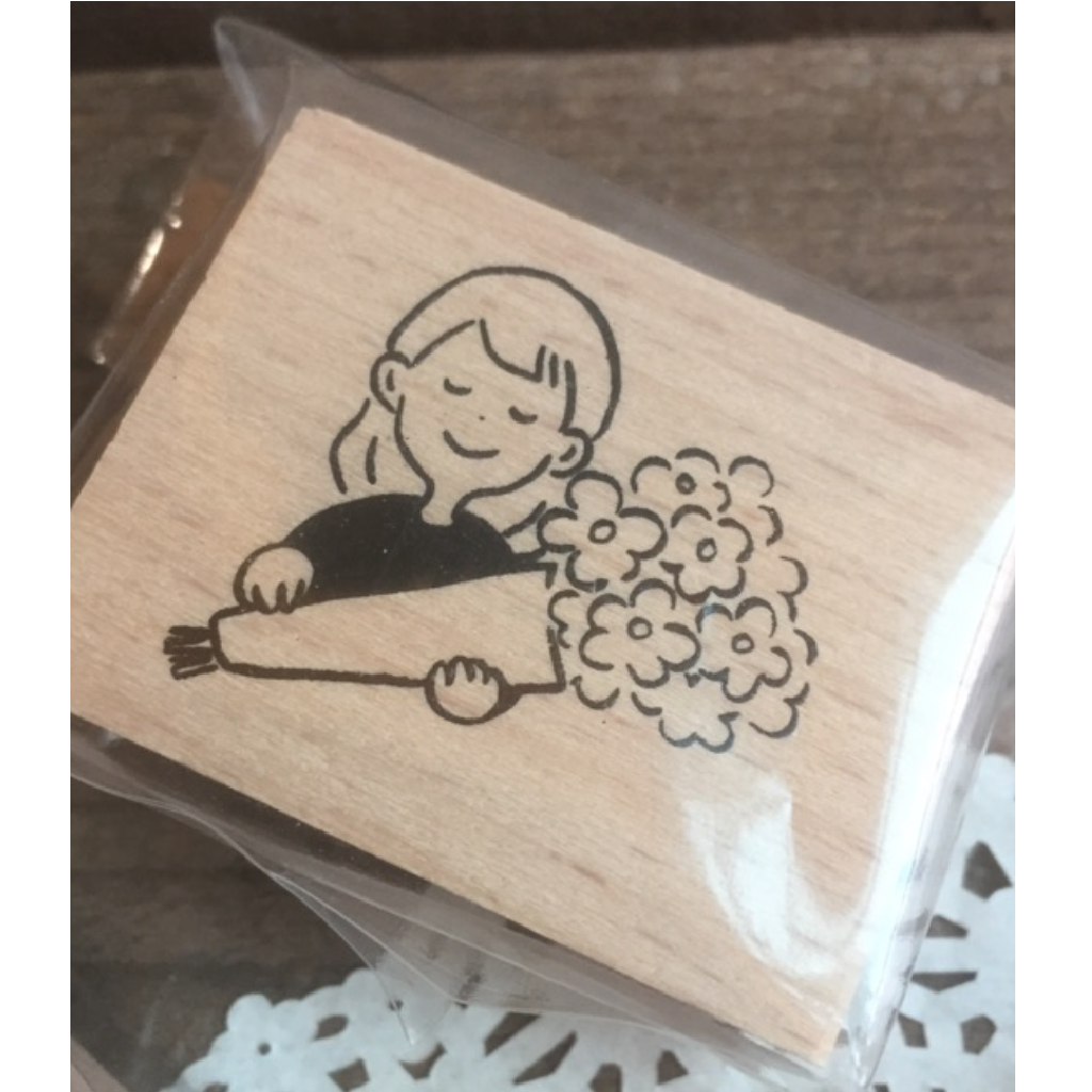 Rubber Stamp - A Girl Holding Flower