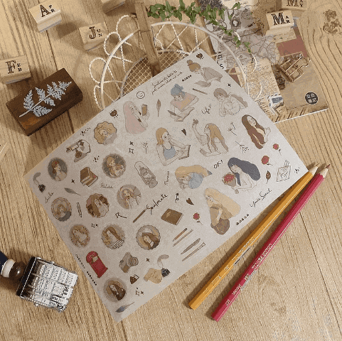 Starlululu Retro Badge Writing Girl Paper Sticker