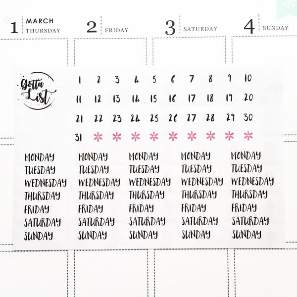 GottaList Sticker Planner Days Of The Week