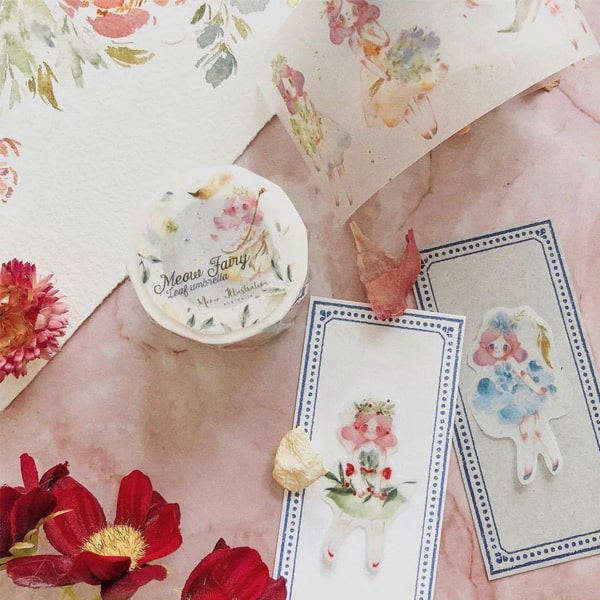 Meow Illustration Masking Tape - Fairy Leaf Umbrella