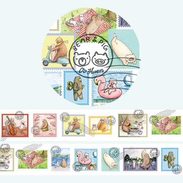 OO Huen Illustration Bear And Pig Masking Tape