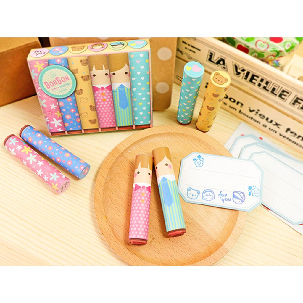 Micia Cute Icon Cylinder Stamp - Boy Girl With Bear